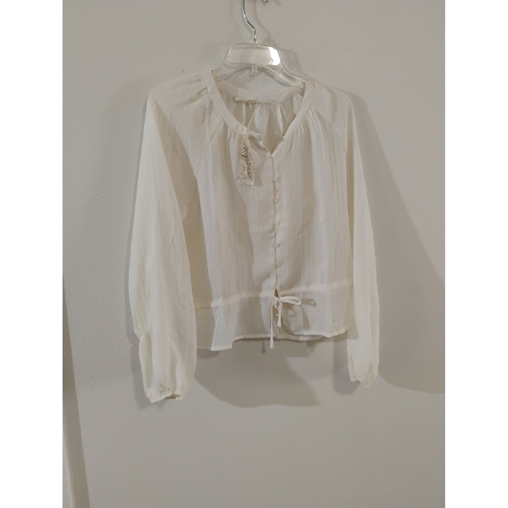 Mystree Ivory White Crinkle Button Down Long Sleeve Tie Waist Blouse Medium NWT